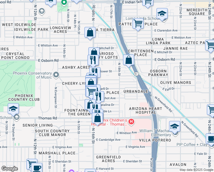 map of restaurants, bars, coffee shops, grocery stores, and more near 1711 East Cheery Lynn Road in Phoenix