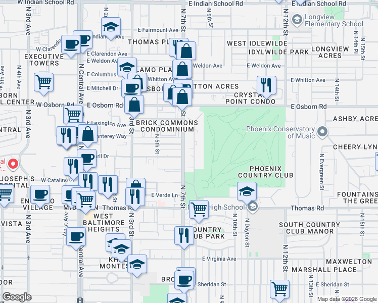 map of restaurants, bars, coffee shops, grocery stores, and more near in Phoenix