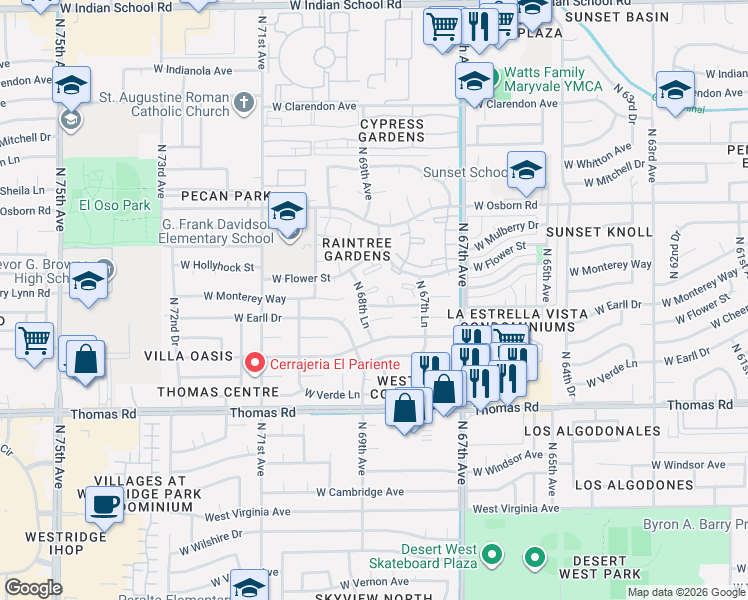 map of restaurants, bars, coffee shops, grocery stores, and more near 3120 North 67th Lane in Phoenix