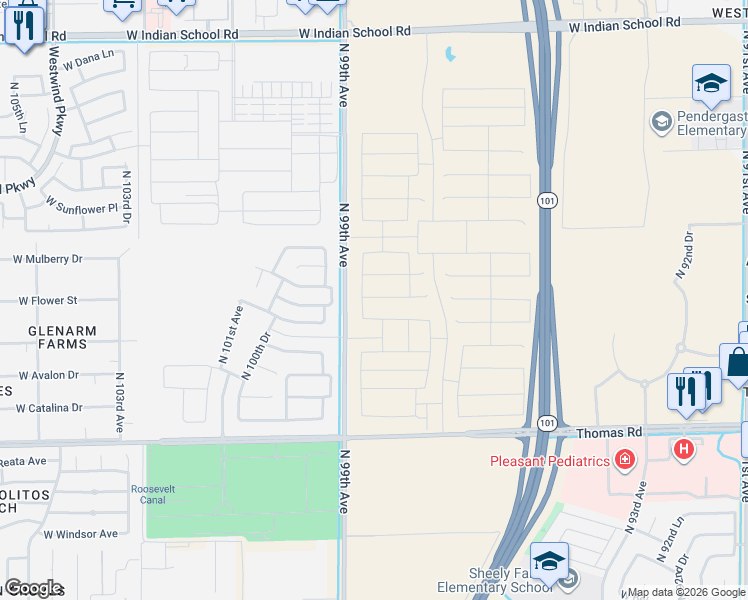map of restaurants, bars, coffee shops, grocery stores, and more near 3301 North 99th Avenue in Phoenix