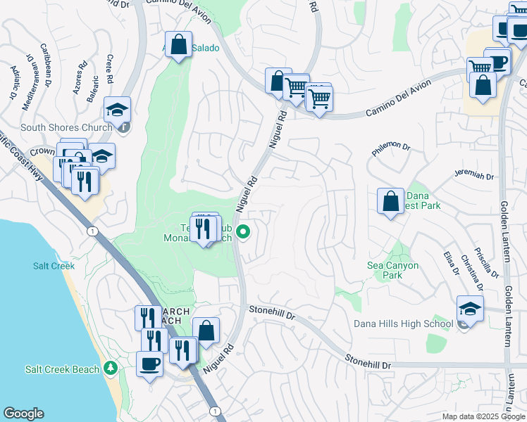 map of restaurants, bars, coffee shops, grocery stores, and more near 29 Wightman Court in Dana Point