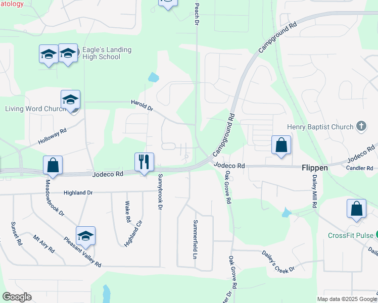 map of restaurants, bars, coffee shops, grocery stores, and more near 401 Kenley Court in McDonough