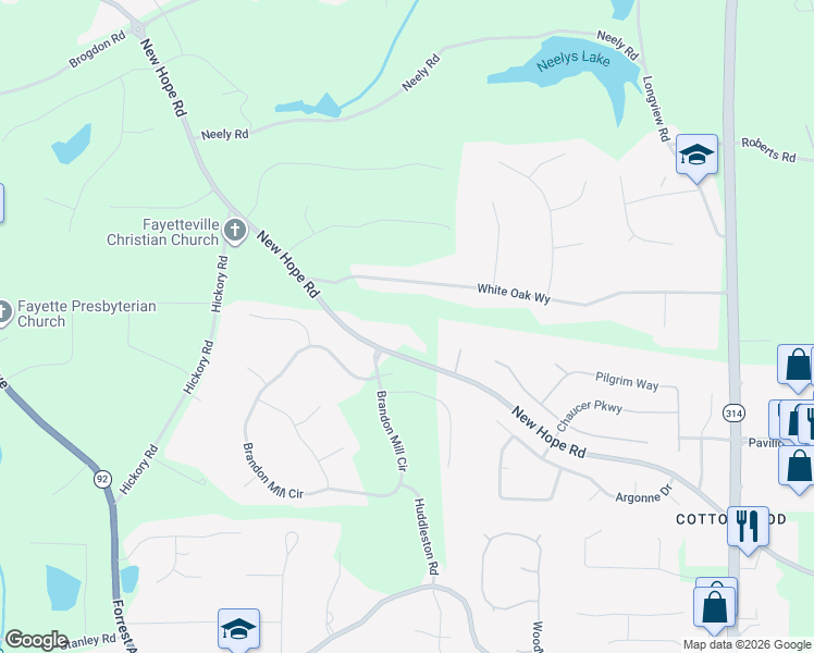 map of restaurants, bars, coffee shops, grocery stores, and more near 393 New Hope Road in Fayetteville