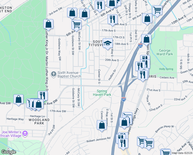 map of restaurants, bars, coffee shops, grocery stores, and more near 21 10th Avenue Southwest in Birmingham