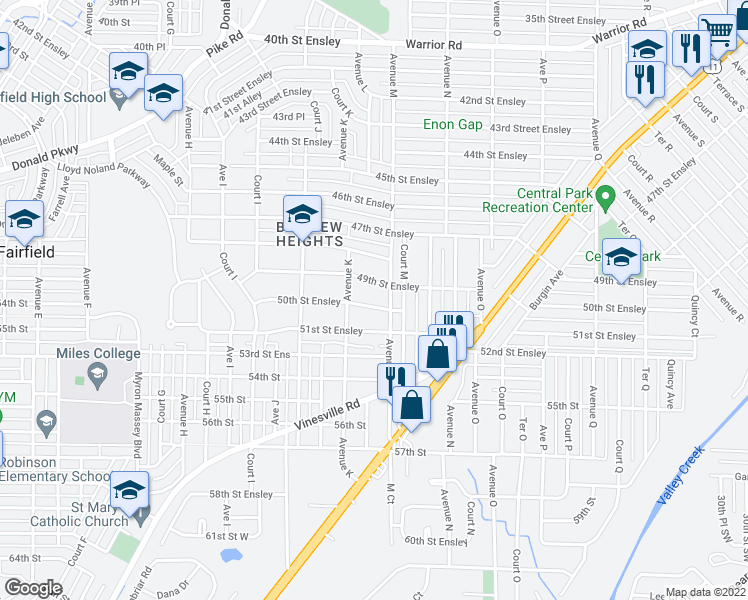map of restaurants, bars, coffee shops, grocery stores, and more near 1133 49th Street Ensley in Birmingham
