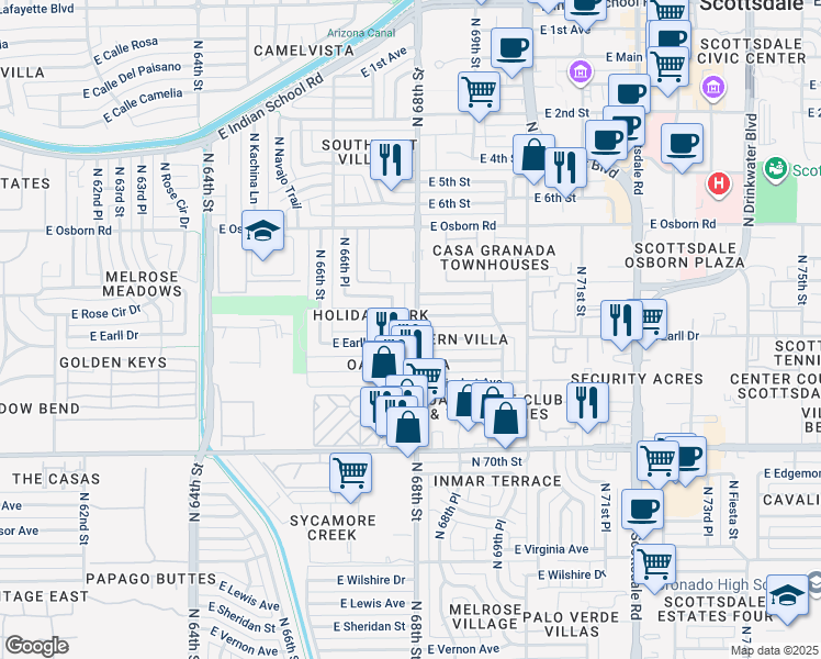 map of restaurants, bars, coffee shops, grocery stores, and more near 6801 East Cheery Lynn Road in Scottsdale
