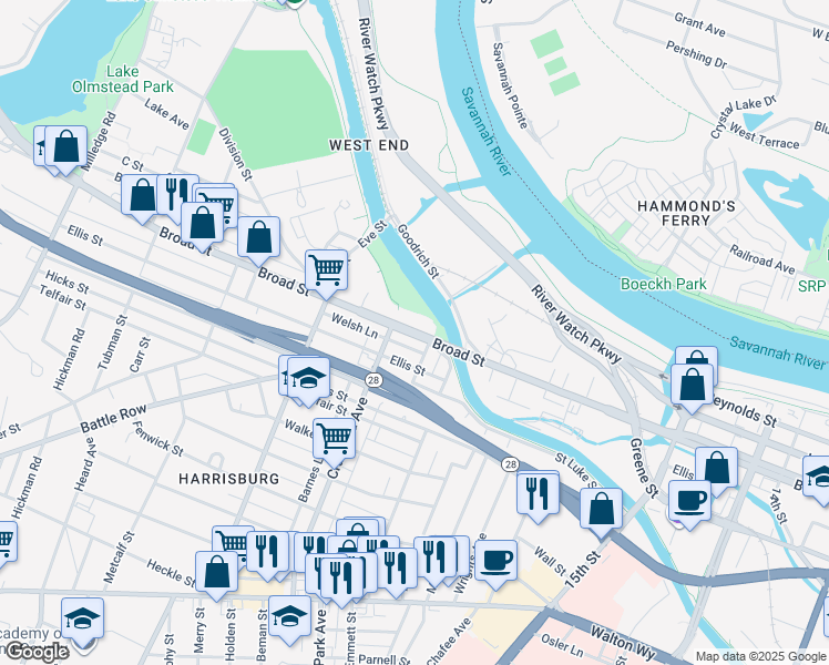 map of restaurants, bars, coffee shops, grocery stores, and more near 1763 Broad Street in Augusta