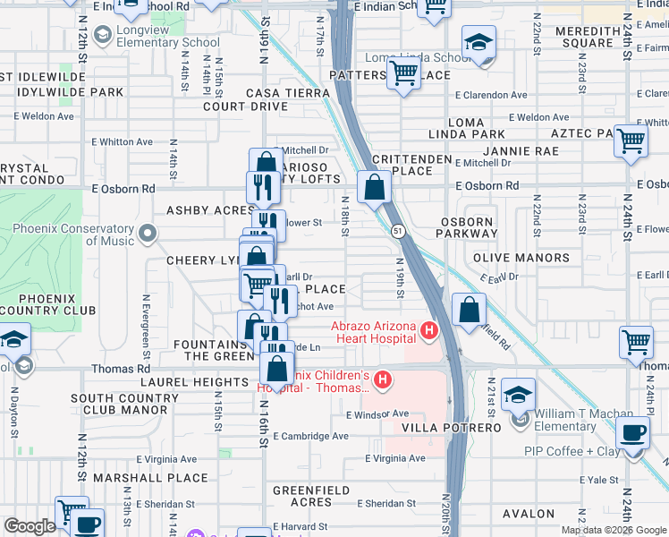 map of restaurants, bars, coffee shops, grocery stores, and more near 1739 East Cheery Lynn Road in Phoenix