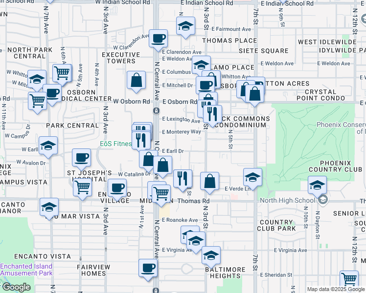 map of restaurants, bars, coffee shops, grocery stores, and more near 202 East Earll Drive in Phoenix