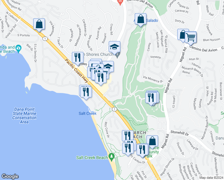map of restaurants, bars, coffee shops, grocery stores, and more near 2 Pointe Monarch Drive in Dana Point