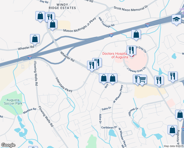 map of restaurants, bars, coffee shops, grocery stores, and more near 3744 Wheeler Road in Augusta
