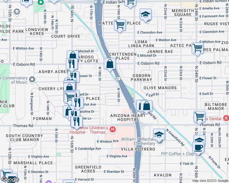 map of restaurants, bars, coffee shops, grocery stores, and more near 3201 North 19th Street in Phoenix