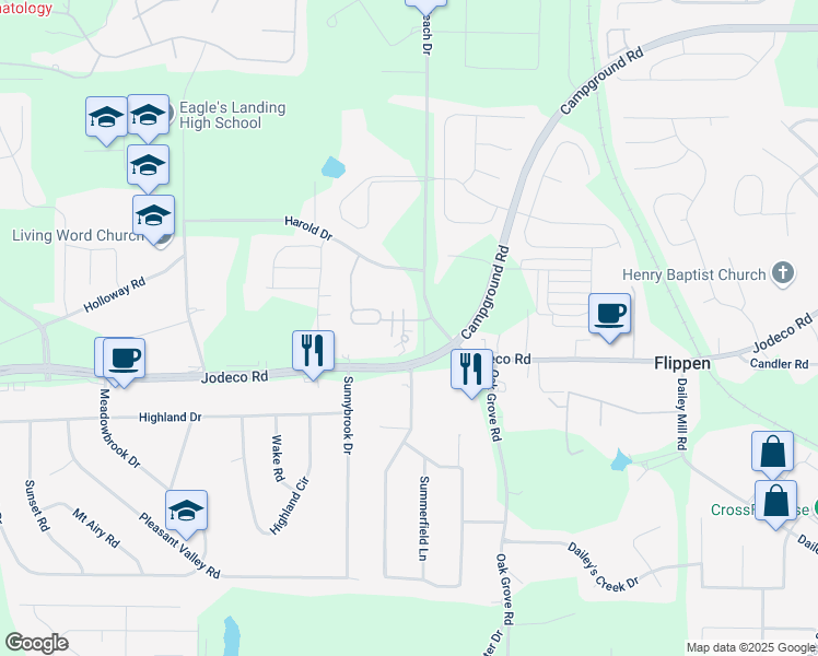 map of restaurants, bars, coffee shops, grocery stores, and more near 401 Kenley Court in McDonough
