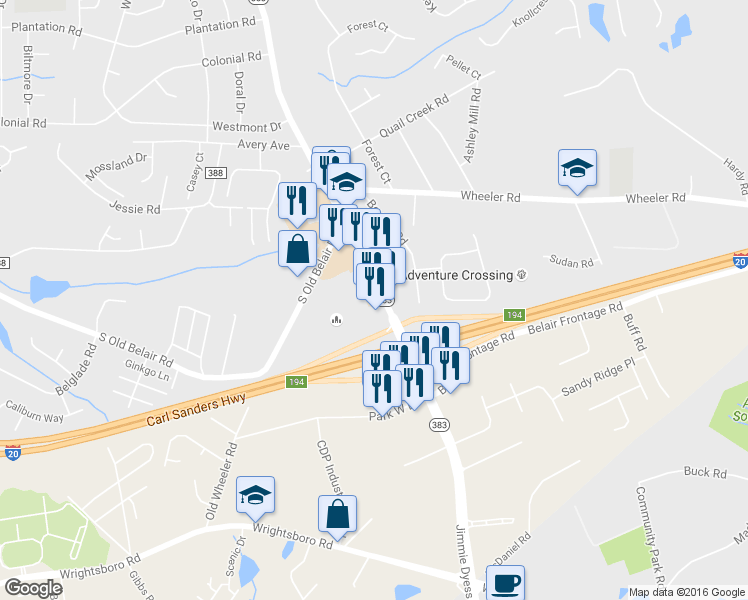 map of restaurants, bars, coffee shops, grocery stores, and more near 431 South Belair Road in Augusta