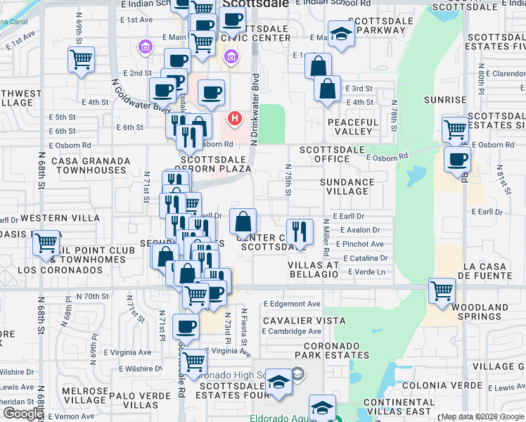 map of restaurants, bars, coffee shops, grocery stores, and more near 7474 East Earll Drive in Scottsdale