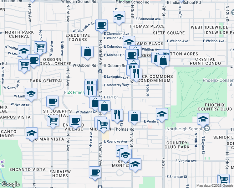 map of restaurants, bars, coffee shops, grocery stores, and more near 202 East Earll Drive in Phoenix