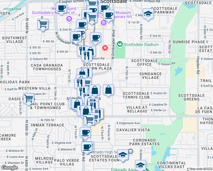 map of restaurants, bars, coffee shops, grocery stores, and more near 7330 East Earll Drive in Scottsdale