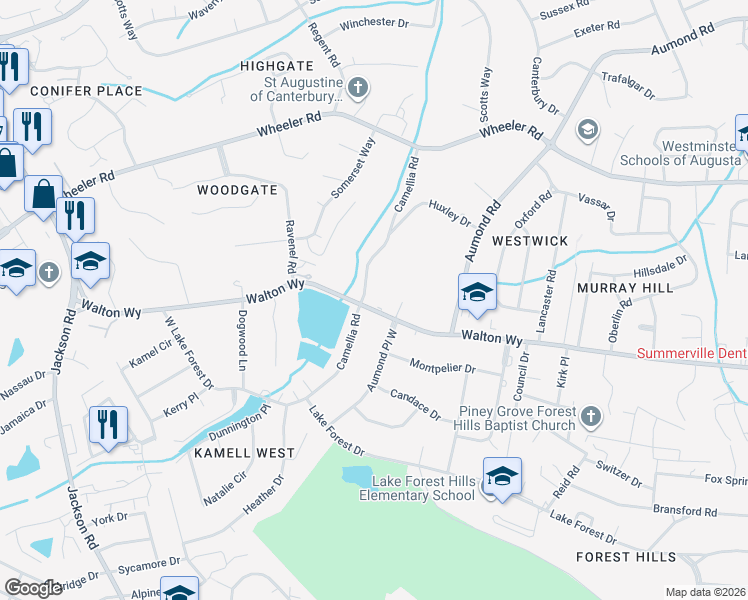 map of restaurants, bars, coffee shops, grocery stores, and more near 776 Camellia Road in Augusta