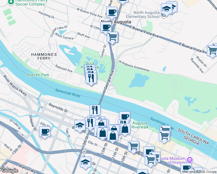 map of restaurants, bars, coffee shops, grocery stores, and more near 112 Landing Drive in North Augusta