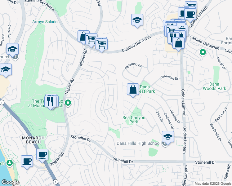 map of restaurants, bars, coffee shops, grocery stores, and more near 21 Saint Michael in Dana Point