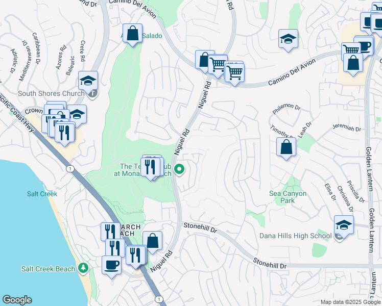 map of restaurants, bars, coffee shops, grocery stores, and more near 7 Wightman Court in Dana Point