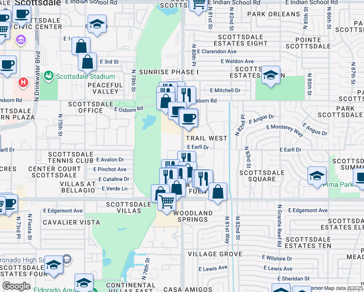 map of restaurants, bars, coffee shops, grocery stores, and more near 3130 North Hayden Road in Scottsdale