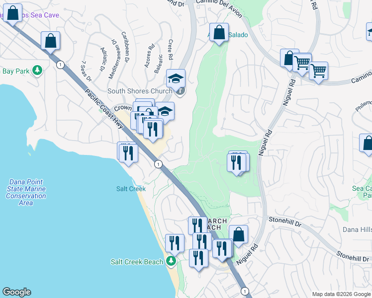 map of restaurants, bars, coffee shops, grocery stores, and more near 42 Via Corsica in Dana Point