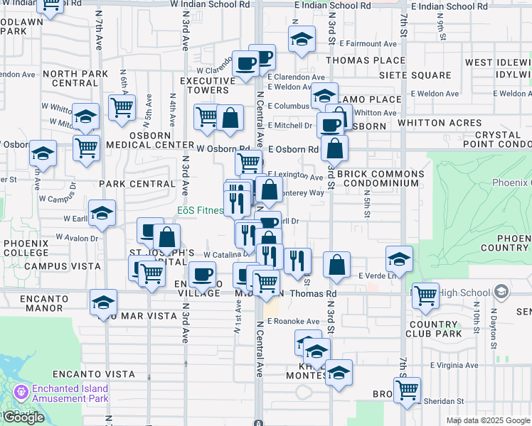 map of restaurants, bars, coffee shops, grocery stores, and more near 3107 North Central Avenue in Phoenix