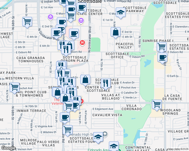 map of restaurants, bars, coffee shops, grocery stores, and more near 7474 East Earll Drive in Scottsdale