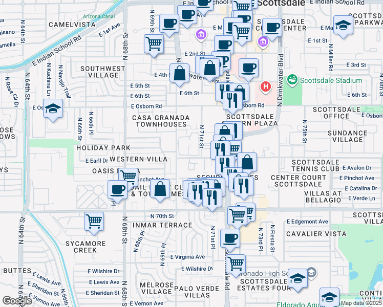 map of restaurants, bars, coffee shops, grocery stores, and more near 7046 East Earll Drive in Scottsdale