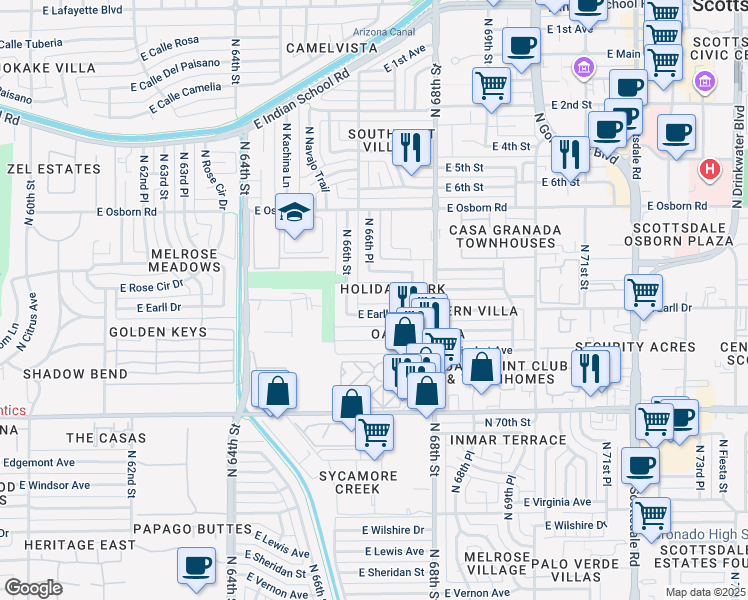 map of restaurants, bars, coffee shops, grocery stores, and more near 6631 East Cheery Lynn Road in Scottsdale