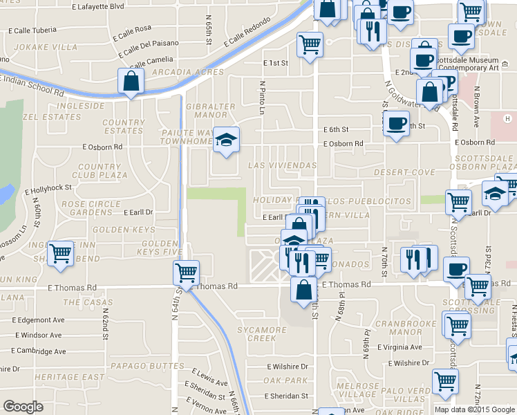 map of restaurants, bars, coffee shops, grocery stores, and more near 3138 North 66th Street in Scottsdale