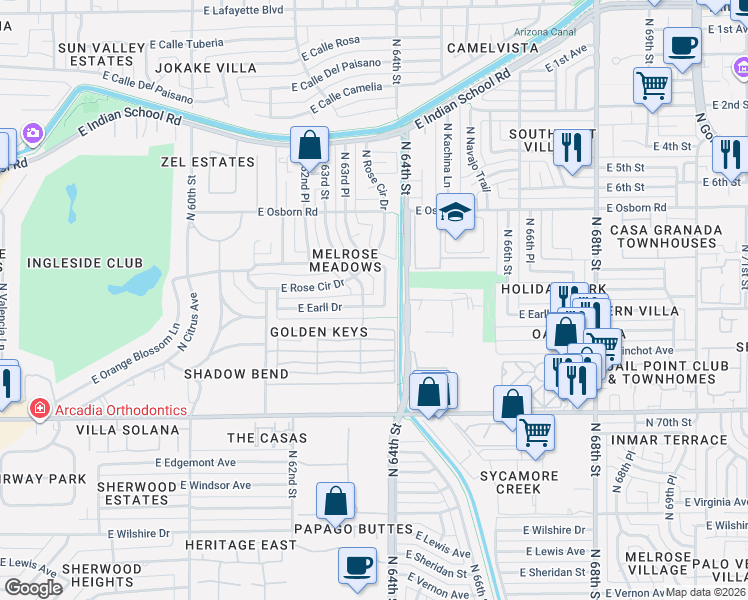 map of restaurants, bars, coffee shops, grocery stores, and more near 3202 North 63rd Street in Scottsdale