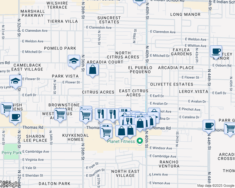 map of restaurants, bars, coffee shops, grocery stores, and more near 3109 North 38th Street in Phoenix