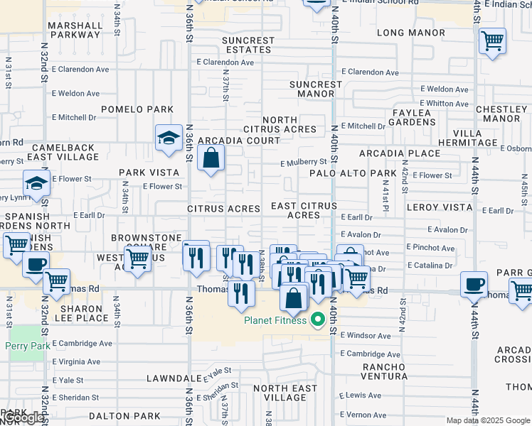 map of restaurants, bars, coffee shops, grocery stores, and more near 3109 North 38th Street in Phoenix