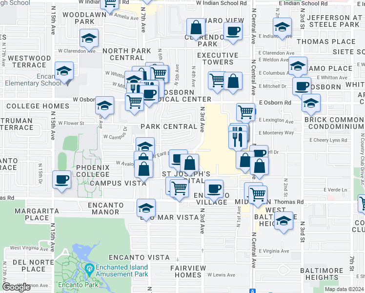 map of restaurants, bars, coffee shops, grocery stores, and more near 320 West Earll Drive in Phoenix