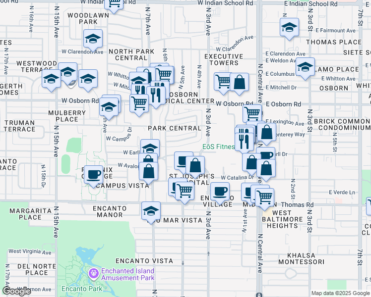 map of restaurants, bars, coffee shops, grocery stores, and more near 320 West Earll Drive in Phoenix