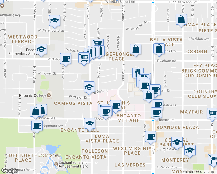 map of restaurants, bars, coffee shops, grocery stores, and more near 320 West Earll Drive in Phoenix