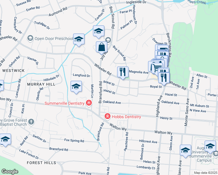map of restaurants, bars, coffee shops, grocery stores, and more near 2832 Royal Street in Augusta