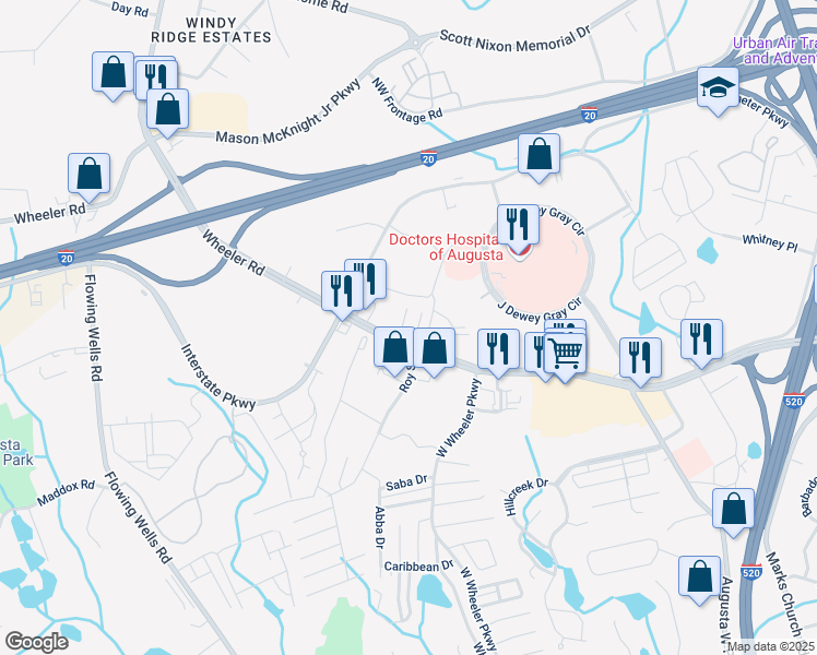 map of restaurants, bars, coffee shops, grocery stores, and more near 3725 Wheeler Road in Augusta