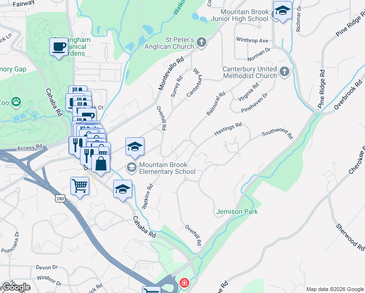 map of restaurants, bars, coffee shops, grocery stores, and more near 3032 Overhill Road in Birmingham