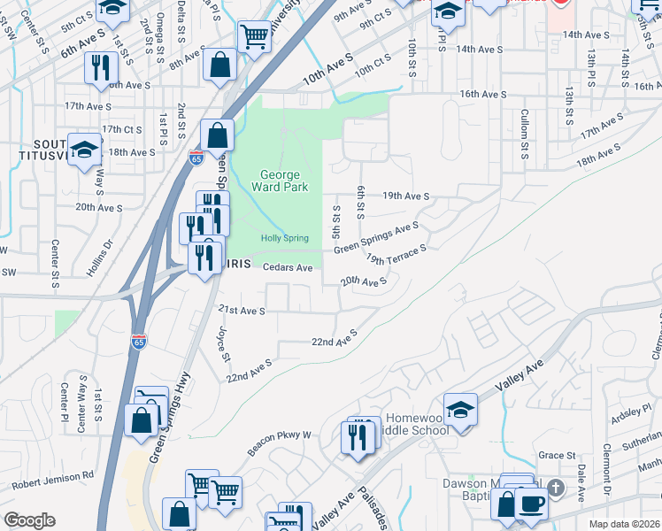 map of restaurants, bars, coffee shops, grocery stores, and more near 501 Green Springs Avenue South in Birmingham