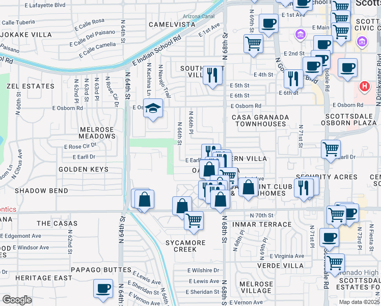 map of restaurants, bars, coffee shops, grocery stores, and more near 6631 East Cheery Lynn Road in Scottsdale