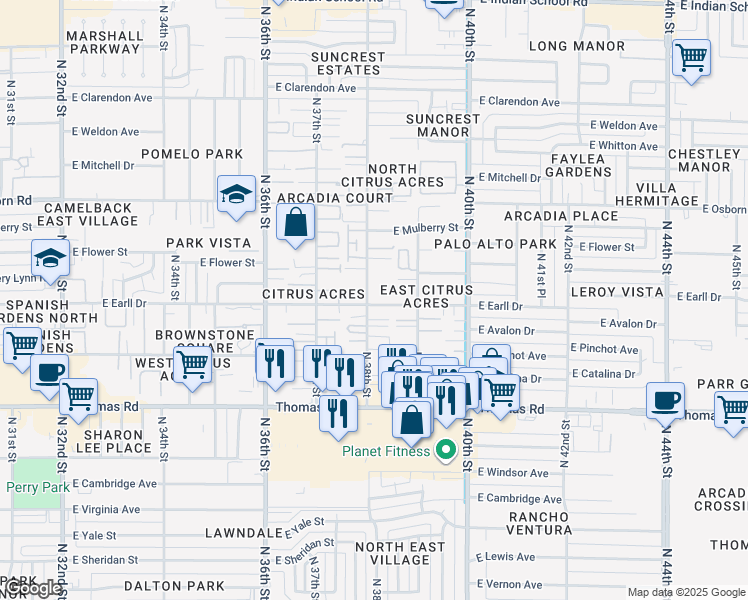 map of restaurants, bars, coffee shops, grocery stores, and more near 3109 North 38th Street in Phoenix