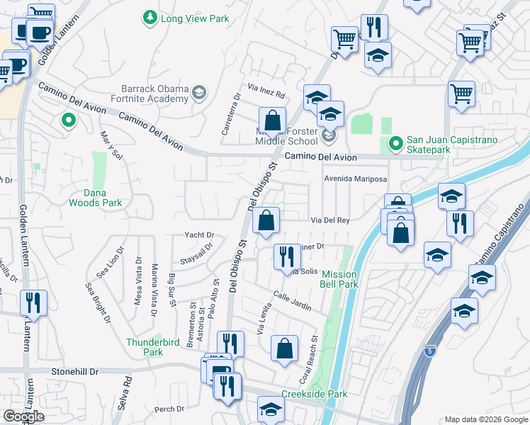 map of restaurants, bars, coffee shops, grocery stores, and more near 32956 Calle Del Tesoro in San Juan Capistrano