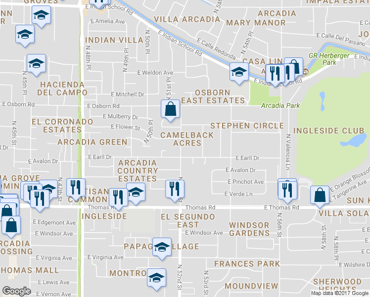 map of restaurants, bars, coffee shops, grocery stores, and more near 3113 North 52nd Street in Phoenix