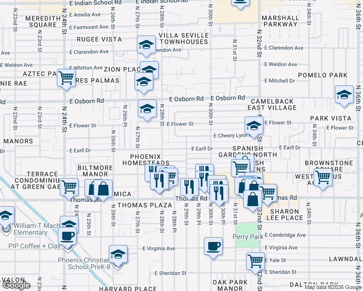 map of restaurants, bars, coffee shops, grocery stores, and more near 2840 East Earll Drive in Phoenix