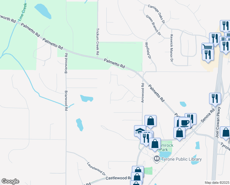 map of restaurants, bars, coffee shops, grocery stores, and more near 215 Meadowview Circle in Tyrone