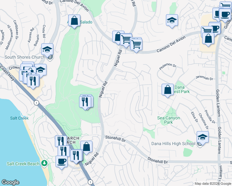 map of restaurants, bars, coffee shops, grocery stores, and more near 41 Wightman Court in Dana Point
