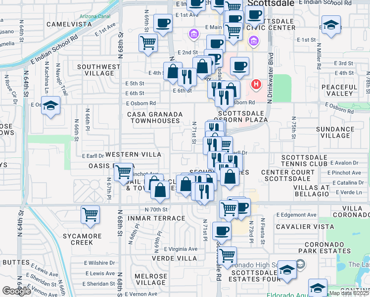 map of restaurants, bars, coffee shops, grocery stores, and more near 3131 North 70th Street in Scottsdale